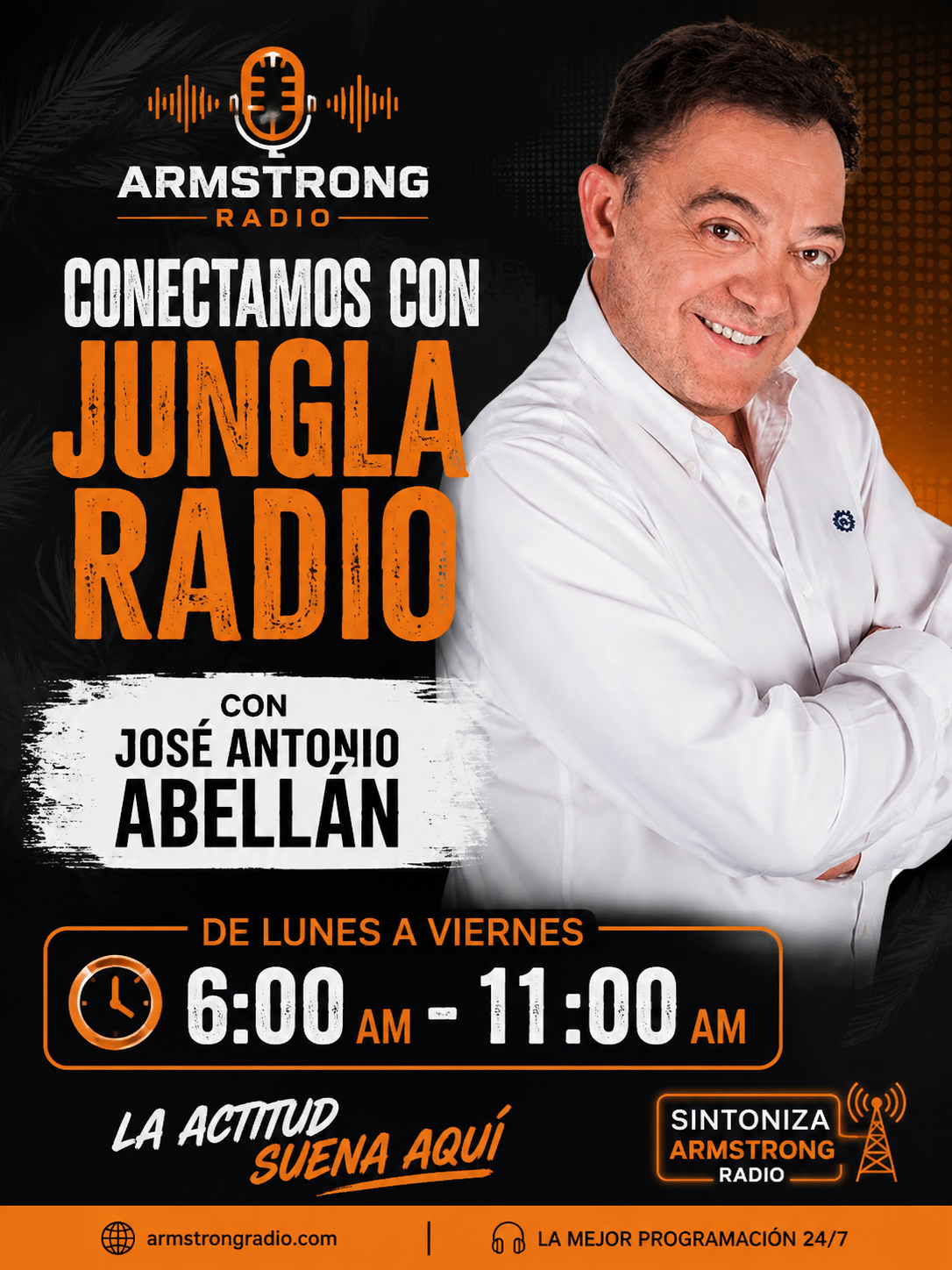 Cartel del programa La Jungla Radio en Armstrong Radio Burgos, conexión matinal de lunes a viernes de 6:00 a 11:00 am