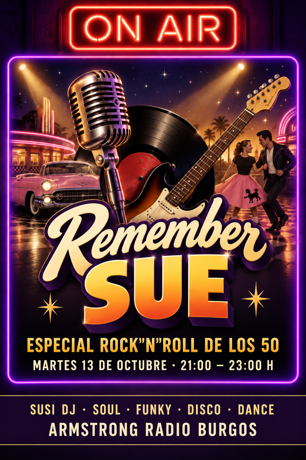 Cartel del especial Rock’n’roll de los 50 de Remember Sue con Susi DJ, martes 13 de octubre