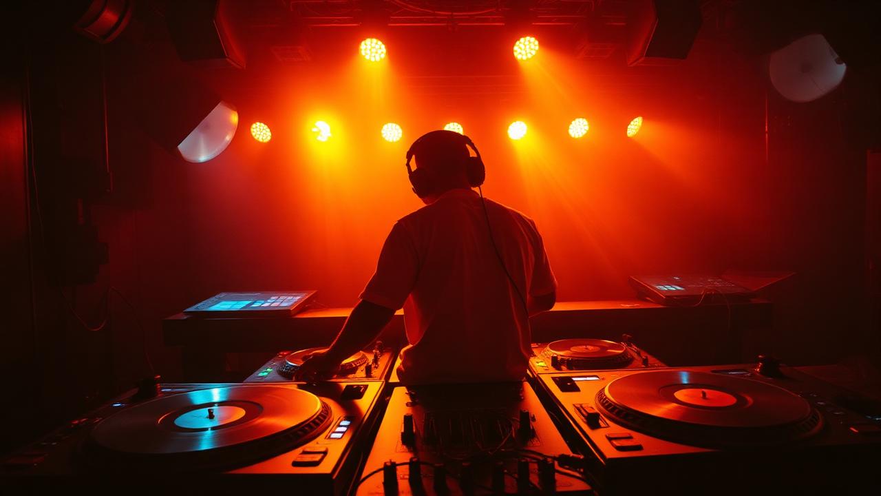 Cabina de DJ con platos y vinilos bajo luces cálidas de discoteca