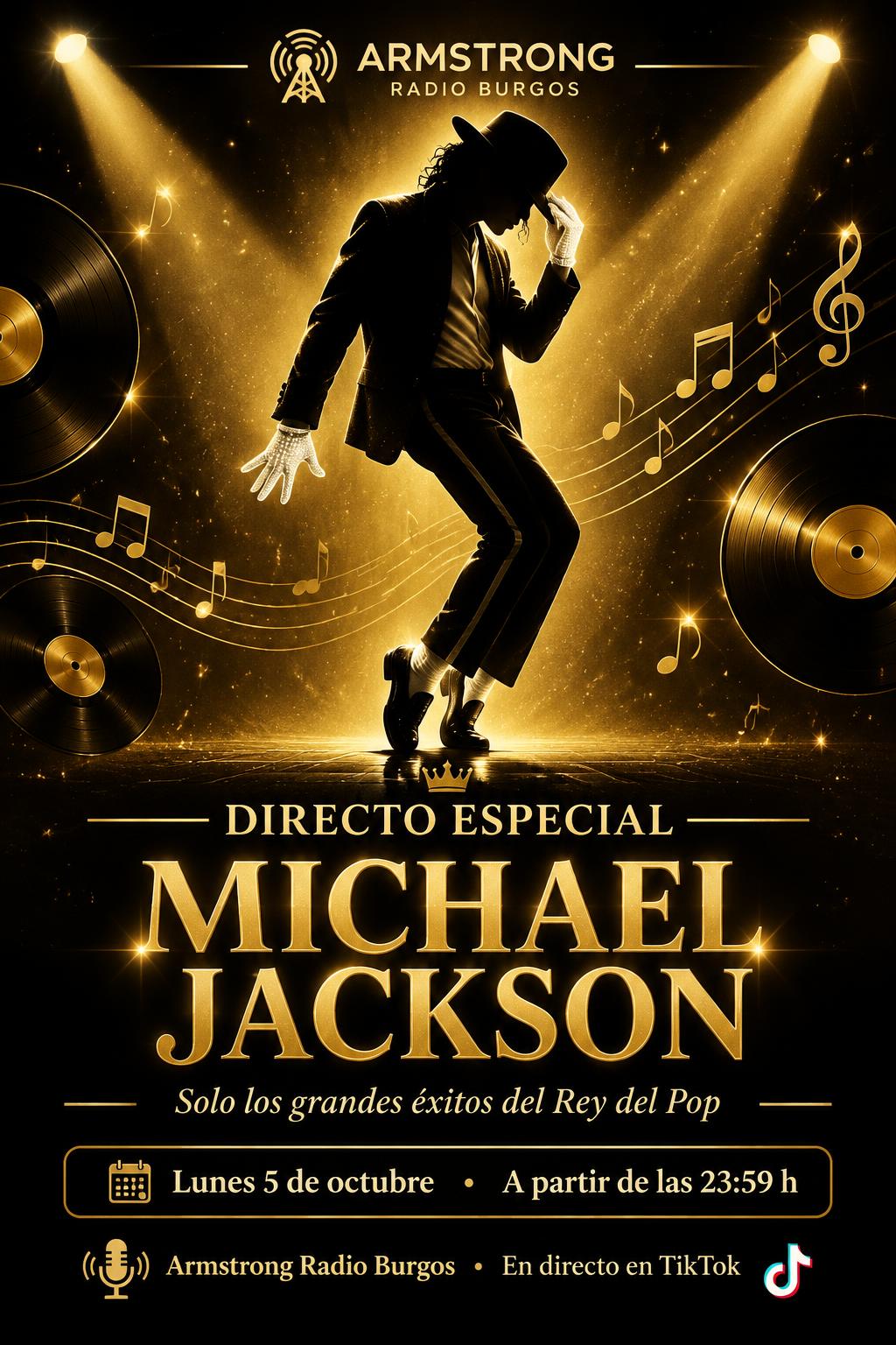 Cartel promocional del directo especial Michael Jackson del lunes 5 de octubre con solo los grandes éxitos del Rey del Pop