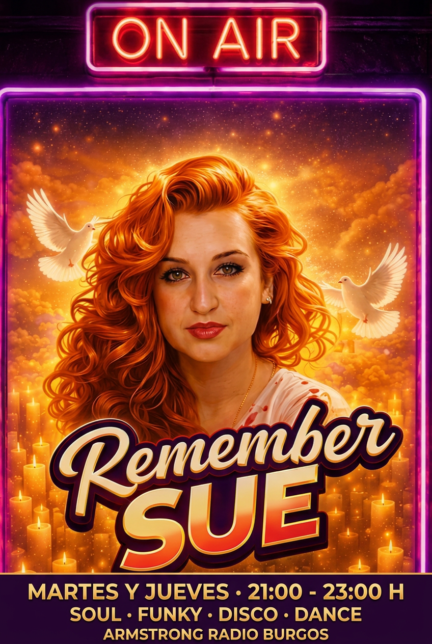 Cartel del programa Remember Sue con Susi, martes y jueves de 21:00 a 23:00 h con soul, funky, disco y dance